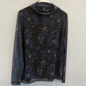 Vintage Ann Taylor Womens Mesh Turtleneck Top Size L Black Floral Y2K Whimsigoth